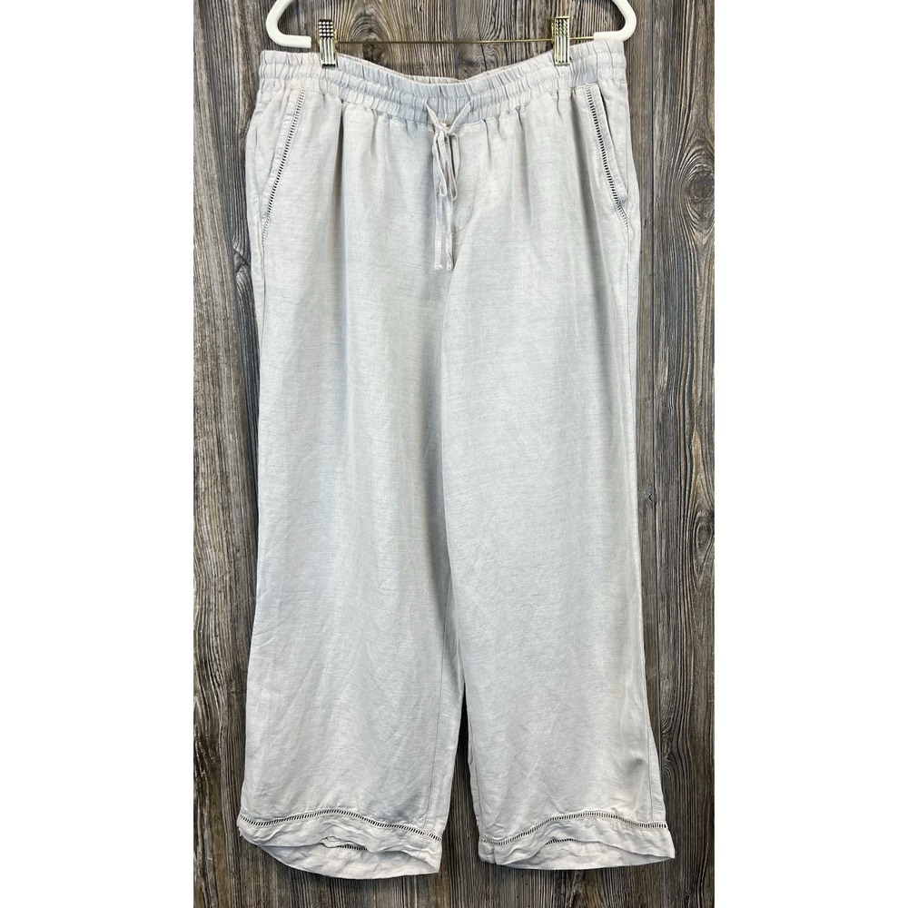 Lane Bryant Pants Women 14/16 Beige Wide Leg‎ Linen Blend Elastic Waist Pull-On